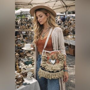 Upcycled Boho Hippie Mexican Folk Art Flaming Heart Milagros Crossbody Purse